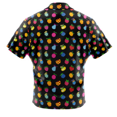 The Single Piece of Demon Fruit One Piece Button Up Hawaiian Shirt features a black background with a colorful, repeating fruit pattern and is shown from the back.