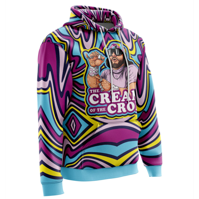 The Cream of the Crop Trippy Randy Savage Hoodie features vibrant pink, blue, purple, and yellow swirls with an illustrated wrestler holding a cream container and The Cream of the Crop text on the front.