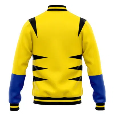 The X-Men Wolverine Marvel Varsity Jacket features a yellow body with black shoulder and lower back stripes, blue sleeves, and black trim on the collar, cuffs, and hem, shown from the back.