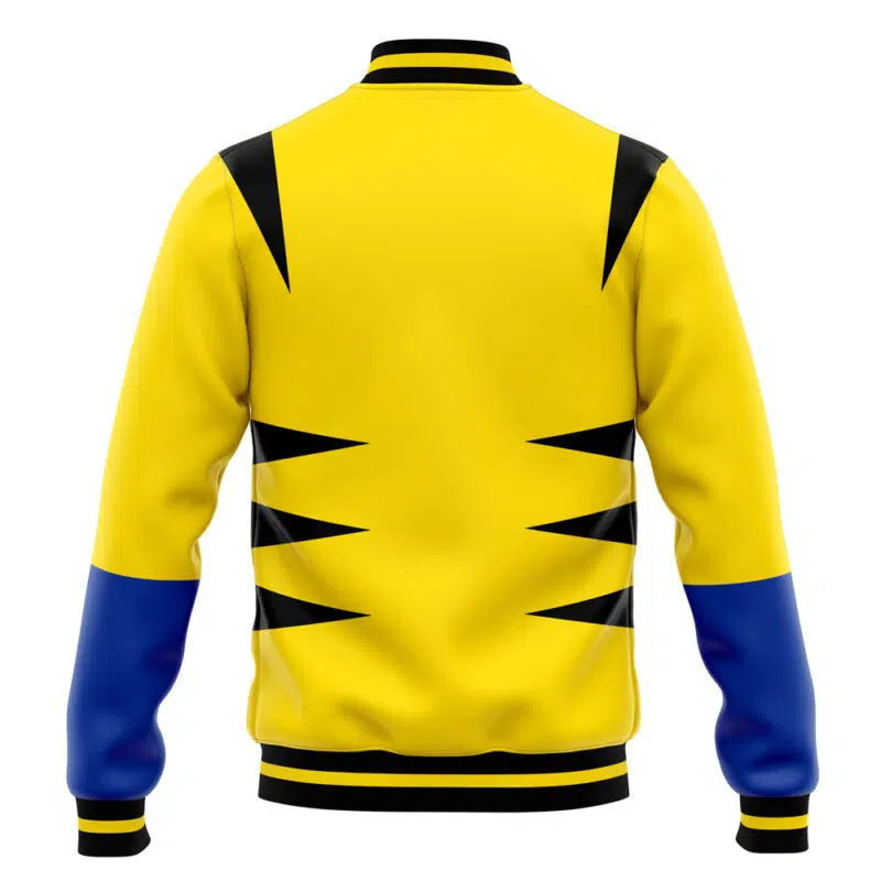 The X-Men Wolverine Marvel Varsity Jacket features a yellow body with black shoulder and lower back stripes, blue sleeves, and black trim on the collar, cuffs, and hem, shown from the back.