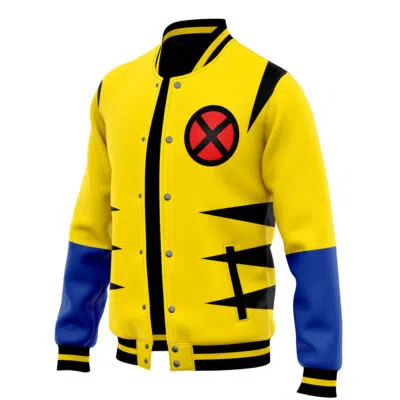 The X-Men Wolverine Marvel Varsity Jacket features yellow with blue sleeves, black stripes, and an X logo on the chest, inspired by Wolverines X-Men costume.