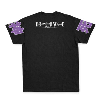 The Ryuk Death Note Streetwear T-Shirt features bold white “DEATH NOTE” text and signature on the back, with large purple Japanese kanji on each sleeve. The shirt is shown laid flat, back side up.
