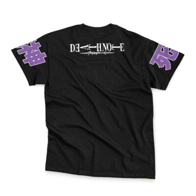 The Ryuk Death Note Streetwear T-Shirt is black with "DEATH NOTE" in white and a barbed wire graphic on the back, plus purple Japanese kanji on both sleeves. Shown flat from the back.