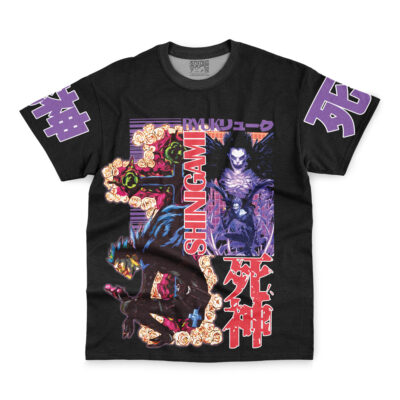 The Ryuk Death Note Streetwear T-Shirt is a black tee featuring two illustrated Shinigami, vibrant purple and red Japanese text, roses, and comic-style graphics on the front and sleeves.