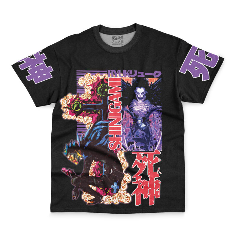 The Ryuk Death Note Streetwear T-Shirt is a black tee featuring two illustrated Shinigami, vibrant purple and red Japanese text, roses, and comic-style graphics on the front and sleeves.