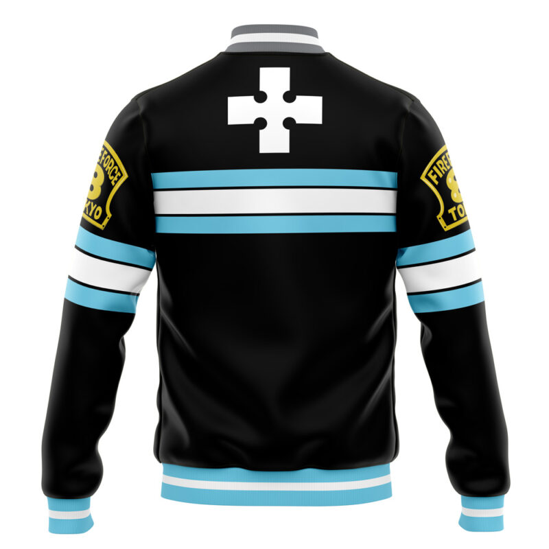 The Company 8 Fire Force Varsity Jacket is black with light blue and white stripes, a white cross on the upper back, and yellow Fire Force 8 Tokyo patches on each sleeve.