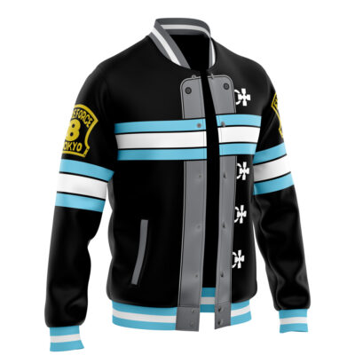 The Company 8 Fire Force Varsity Jacket features a black and blue design with white and light blue stripes, grey snap buttons, ribbed cuffs and hem, plus yellow "Force 8 Tokyo" patches on the sleeves.