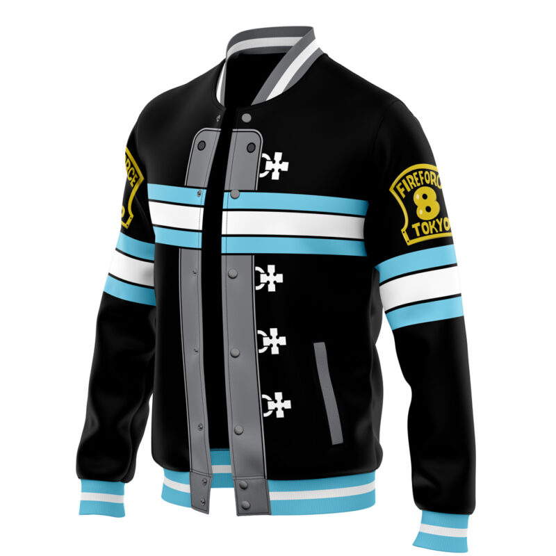 The Company 8 Fire Force Varsity Jacket features black and blue colors, white and grey stripes, silver clasps, and a Fire Force 8 Tokyo patch on the shoulder, inspired by the anime Fire Force.