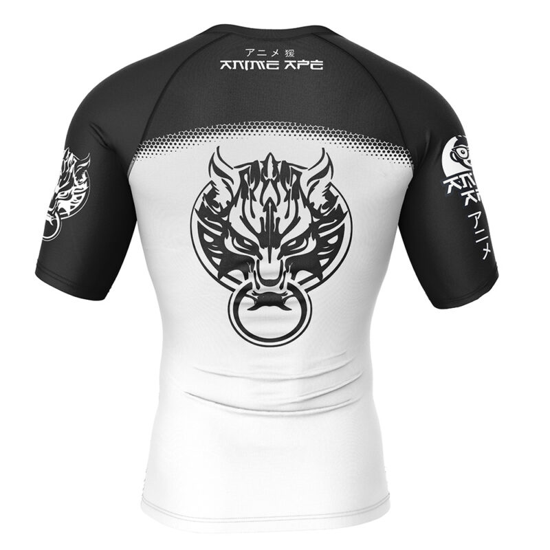 The Fenrir Final Fantasy 7 Short Sleeve Rash Guard Compression Shirt features black sleeves, a white back, a bold wolf head with a ring logo, and Japanese text plus ANIME APE branding above and on the sleeves.