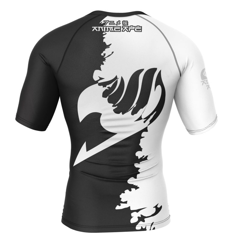 The Gray Fullbuster Fairy Tail Short Sleeve Rash Guard Compression Shirt is black and white with short sleeves, a bold stylized eagle on the back, Japanese characters at the top, and a split color pattern down the center.