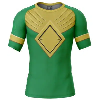 Green Ranger Gold Shield Mighty Morphin Power Rangers Short Sleeve Rash Guard Compression Shirt