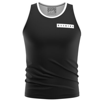 The Hashira Tengen Uzui Demon Slayer Tank Top is a black sleeveless top with white trim and HASHIRA in a white box on the left chest. Japanese text is printed inside the collar.