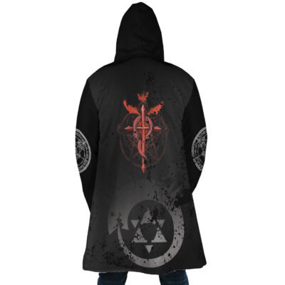Someone wears the Transmutation Circle Fullmetal Alchemist Dream Cloak Coat—a long black hooded coat with faded, grunge-style red and white alchemy symbols on the back and sleeves, including a large red winged serpent on the back.