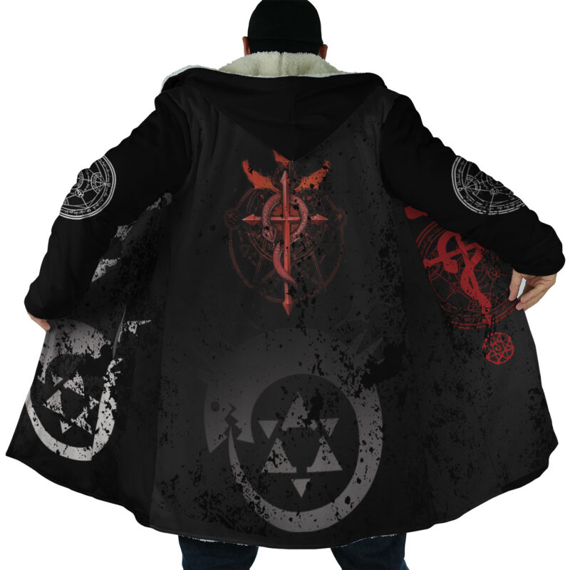 A person wearing the Transmutation Circle Fullmetal Alchemist Dream Cloak Coat stands with their back to the camera, arms outstretched, showing red, white, and gray alchemy and geometric symbols on the back and sleeves.