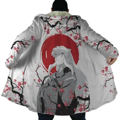 Model showcasing the Inuyasha Cherry Blossom Dream Cloak Coat, a long white coat with cherry blossom branches, a bold red circle, and a black-and-white Inuyasha illustration with red accents on the back.