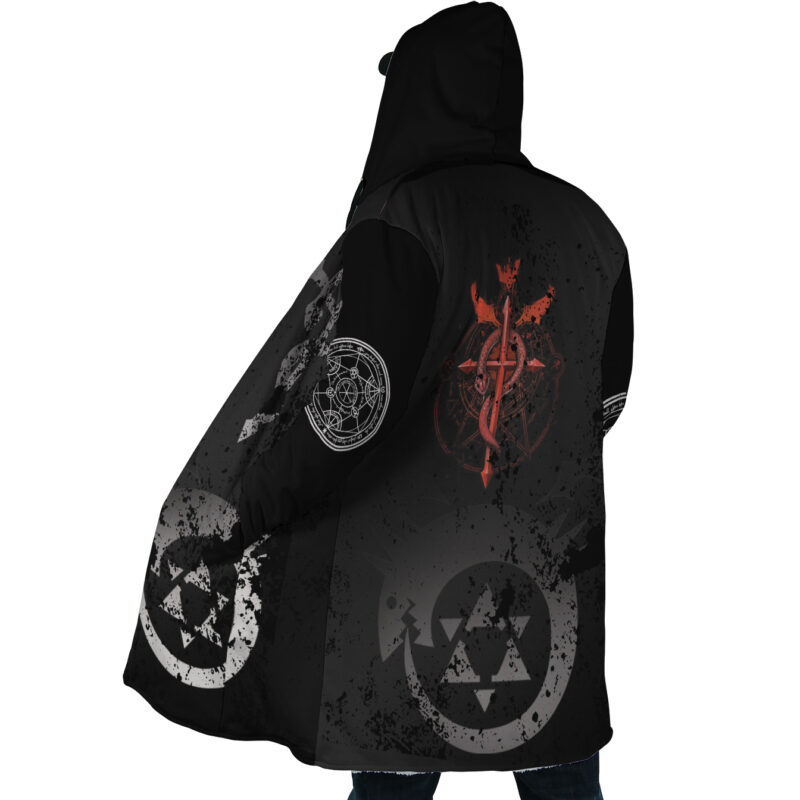 A person wears the Transmutation Circle Fullmetal Alchemist Dream Cloak Coat, featuring a black hood, red transmutation circle, and white alchemy symbols inspired by the anime. The back showcases the detailed patterns and designs.