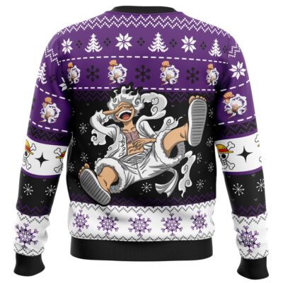 The Luffy Gear 5 Sun God Nika One Piece Ugly Christmas Sweater features a laughing cartoon Luffy in white, with purple, black, and white accents, snowflakes, trees, and pirate-themed icons for a festive look.