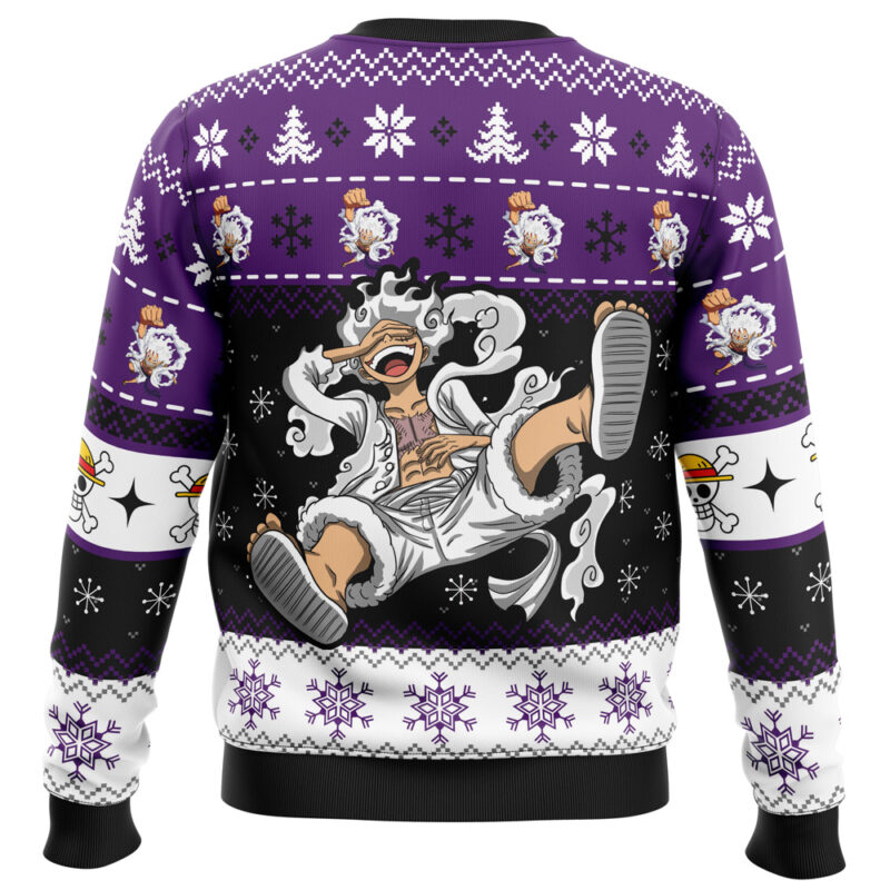 The Luffy Gear 5 Sun God Nika One Piece Ugly Christmas Sweater features a laughing cartoon Luffy in white, with purple, black, and white accents, snowflakes, trees, and pirate-themed icons for a festive look.
