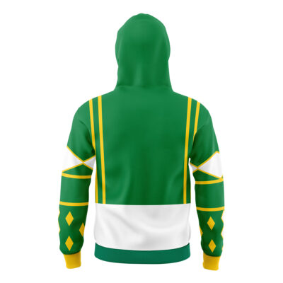The Green Ranger v2 Ninjetti Rangers Masked Hoodie features yellow stripes on the shoulders, diamond sleeve patterns, a white lower back section, and vibrant green color. The hood is up and the design is shown from the back.