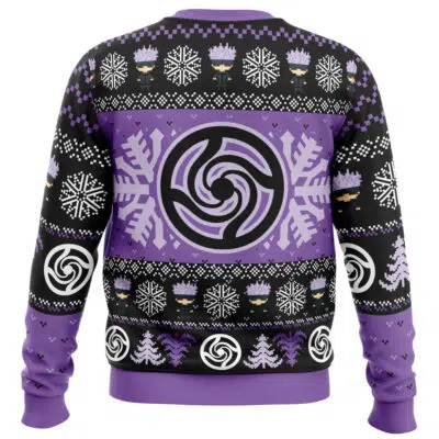 The Chibi Satoru Gojo Jujutsu Kaisen Ugly Christmas Sweater features black, purple, and white colors with snowflakes, swirl motifs, and pixelated Gojo characters in purple hats for a festive winter holiday look.