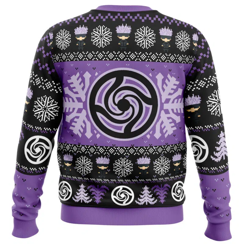 The Chibi Satoru Gojo Jujutsu Kaisen Ugly Christmas Sweater features black, purple, and white colors with snowflakes, swirl motifs, and pixelated Gojo characters in purple hats for a festive winter holiday look.