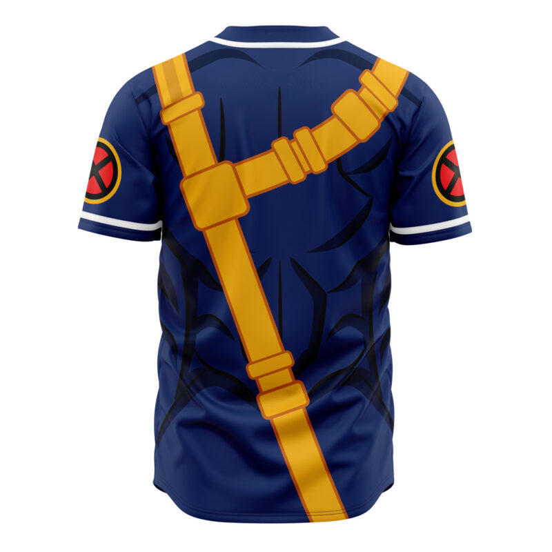 The Cyclops X-Men Marvel Baseball Jersey is a blue athletic shirt featuring a printed yellow strap and buckle design on the back, black muscle shading, and red and yellow X logos on both sleeves.
