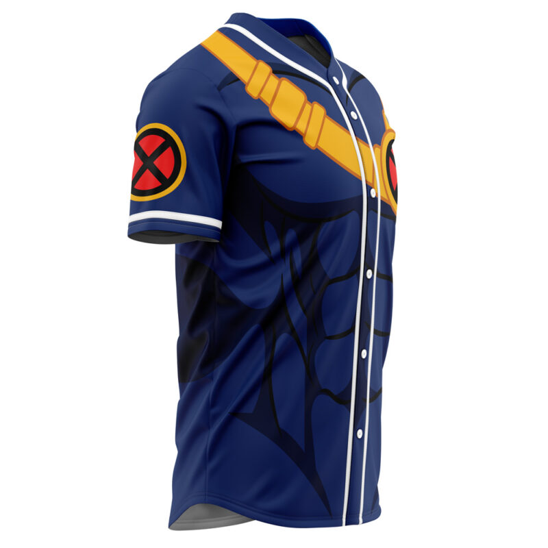The Cyclops X-Men Marvel Baseball Jersey is a blue button-up styled like a baseball jersey, featuring yellow strap and pouch graphics, black muscle detailing, and bold red X logos on the sleeve and chest.