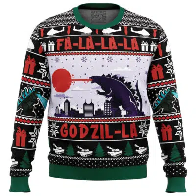 The FaLaLaLa Godzil-La Godzilla Ugly Christmas Sweater showcases Godzilla breathing fire over a city skyline, with “FA-LA-LA-LA-LA” and “GODZIL-LA” text, holiday trees, gifts, and tanks in a festive Christmas design.