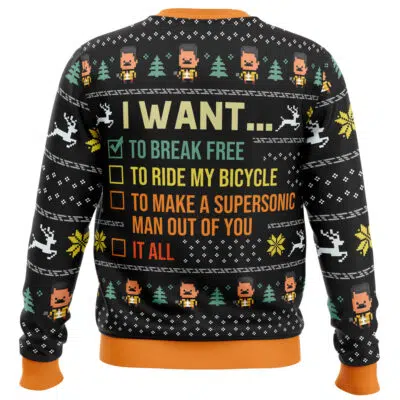 Back of the "I Want To Break Free Queen Ugly Christmas Sweater" features pixel art of a singer, trees, and reindeer, plus a checklist: I want... to break free (checked), to ride my bicycle, to make a supersonic man out of you.