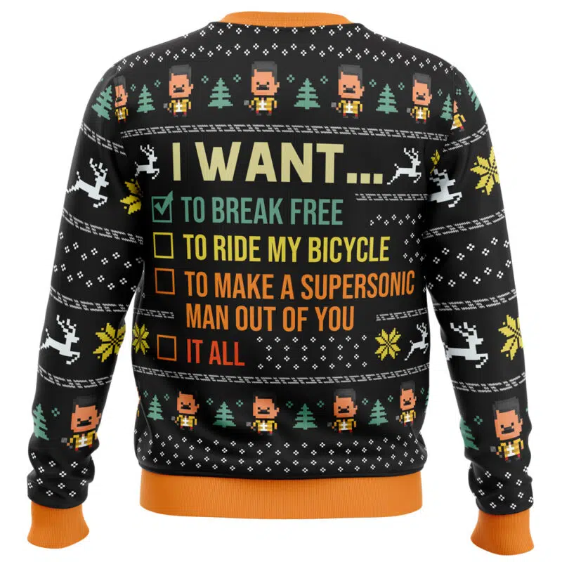 Back of the "I Want To Break Free Queen Ugly Christmas Sweater" features pixel art of a singer, trees, and reindeer, plus a checklist: I want... to break free (checked), to ride my bicycle, to make a supersonic man out of you.