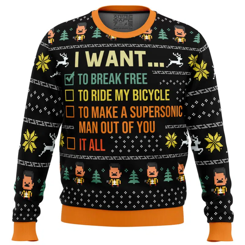 A festive "I Want To Break Free Queen Ugly Christmas Sweater" featuring cartoon characters, yellow snowflakes, white reindeer, and text: I WANT... TO BREAK FREE (checked), TO RIDE MY BICYCLE, TO MAKE A SUPERSONIC MAN OUT OF YOU, IT ALL.