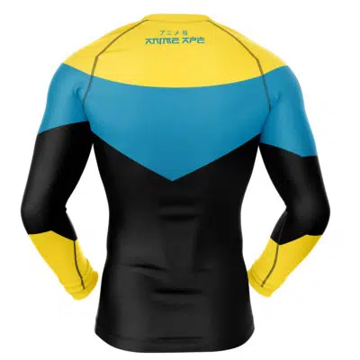 The Invincible Long Sleeve Rash Guard Compression Shirt is shown from the back, displaying a black, yellow, and blue color-block design with Japanese characters and ANIME APE printed in yellow across the upper back.
