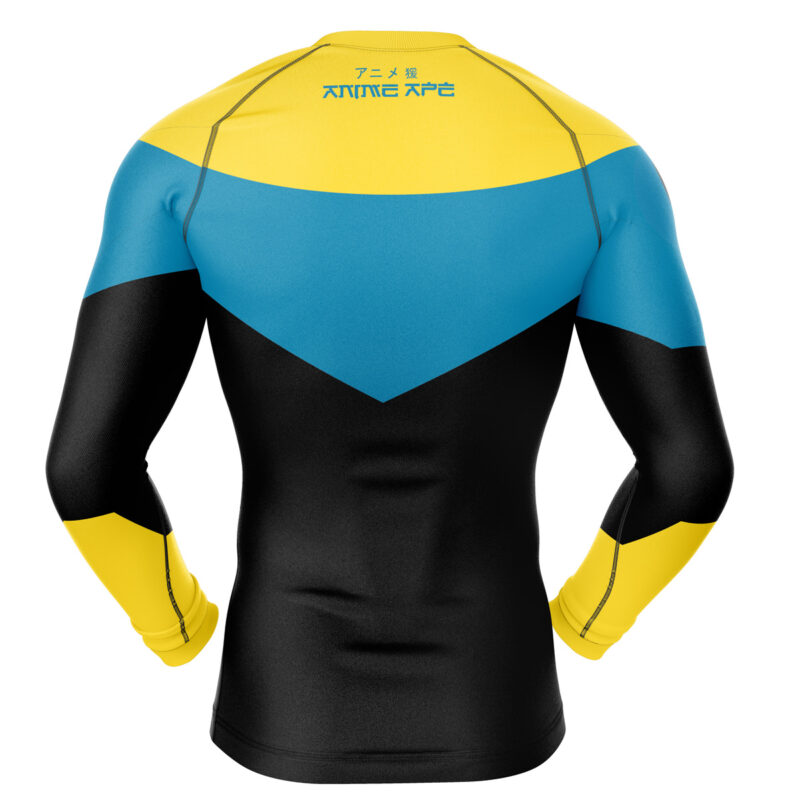 The Invincible Long Sleeve Rash Guard Compression Shirt is shown from the back, displaying a black, yellow, and blue color-block design with Japanese characters and ANIME APE printed in yellow across the upper back.