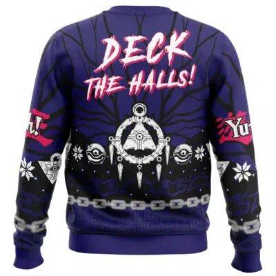 The Its Time To Yule Yugioh Ugly Christmas Sweater showcases bold pink and white Deck the Halls! text, Yu-Gi-Oh! symbols, chains, and the Millennium Puzzle on a dark blue background for a festive holiday look.
