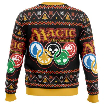 The Magic Arena V1 Magic the Gathering Ugly Christmas Sweater features the game logo and colorful mana symbols on the back, with festive red, yellow, white, and black holiday patterns.