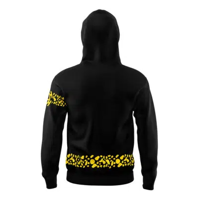 The Law Punk Hazard One Piece Masked Hoodie, shown from the back with the hood up, features yellow abstract dotted patterns on the left upper sleeve and lower hem. The design stands out against the black fabric.
