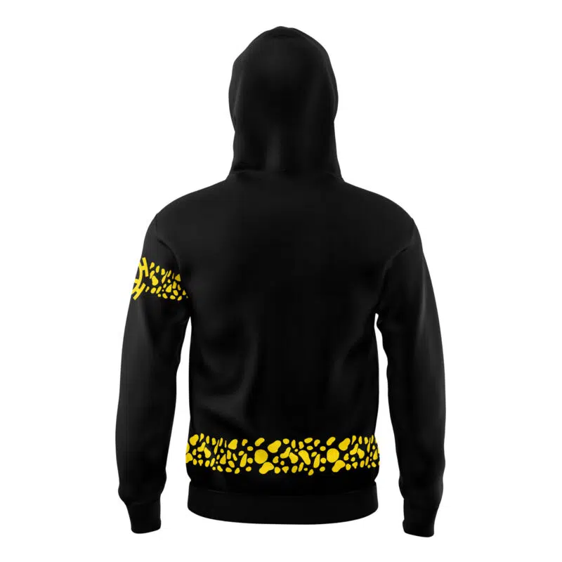 The Law Punk Hazard One Piece Masked Hoodie, shown from the back with the hood up, features yellow abstract dotted patterns on the left upper sleeve and lower hem. The design stands out against the black fabric.