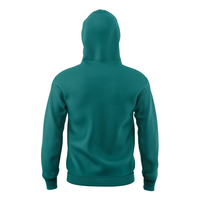 A Snorlax Pokemon Masked Hoodie in teal is shown from the back with the hood up and sleeves down, set against a plain white background.