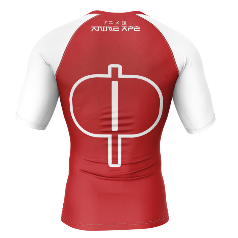 Back view of the Omni Man Invincible Short Sleeve Rash Guard Compression Shirt in red and white, featuring a large white symbol and Japanese text on the upper back, white sleeves, and a fitted athletic design.