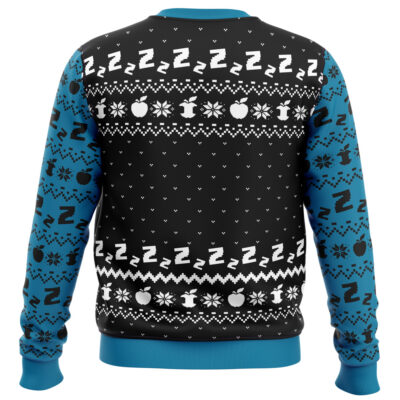 The Snorlax Holiday Pokemon Ugly Christmas Sweater features a black back, blue sleeves, and festive white knit-style patterns of Zs, snowflakes, apples, mushrooms, and other playful shapes.