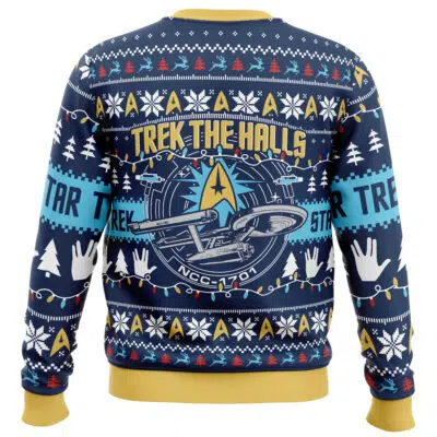 A Trek The Halls Star Trek Ugly Christmas Sweater in blue and yellow with a festive design.