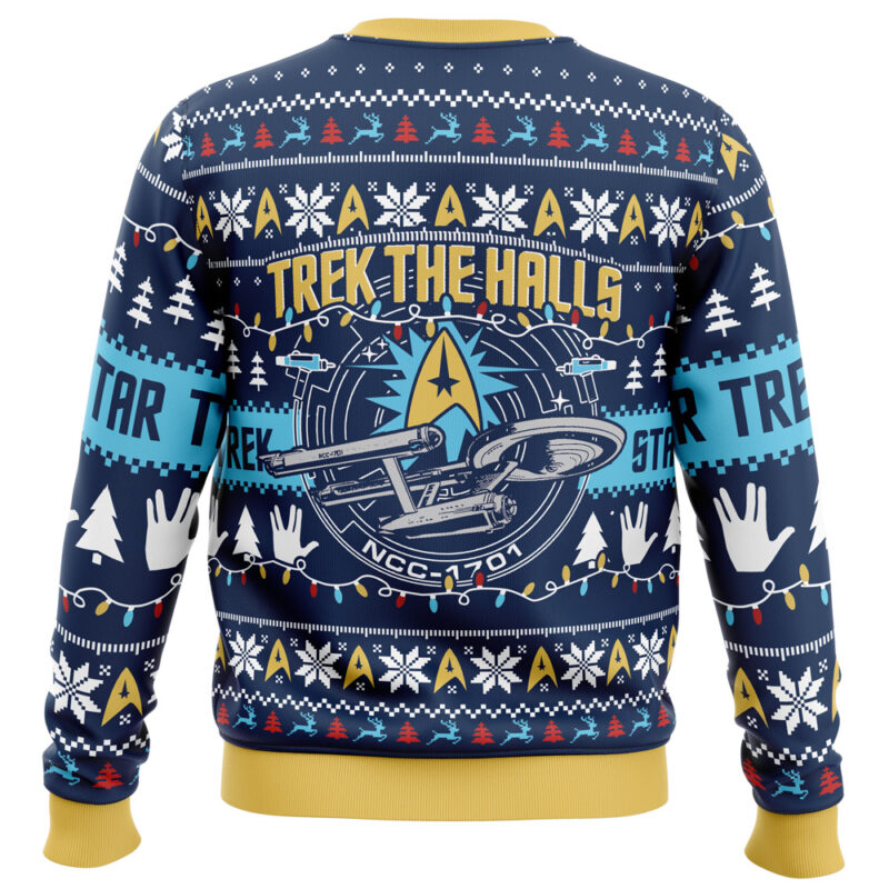 A Trek The Halls Star Trek Ugly Christmas Sweater in blue and yellow with a festive design.