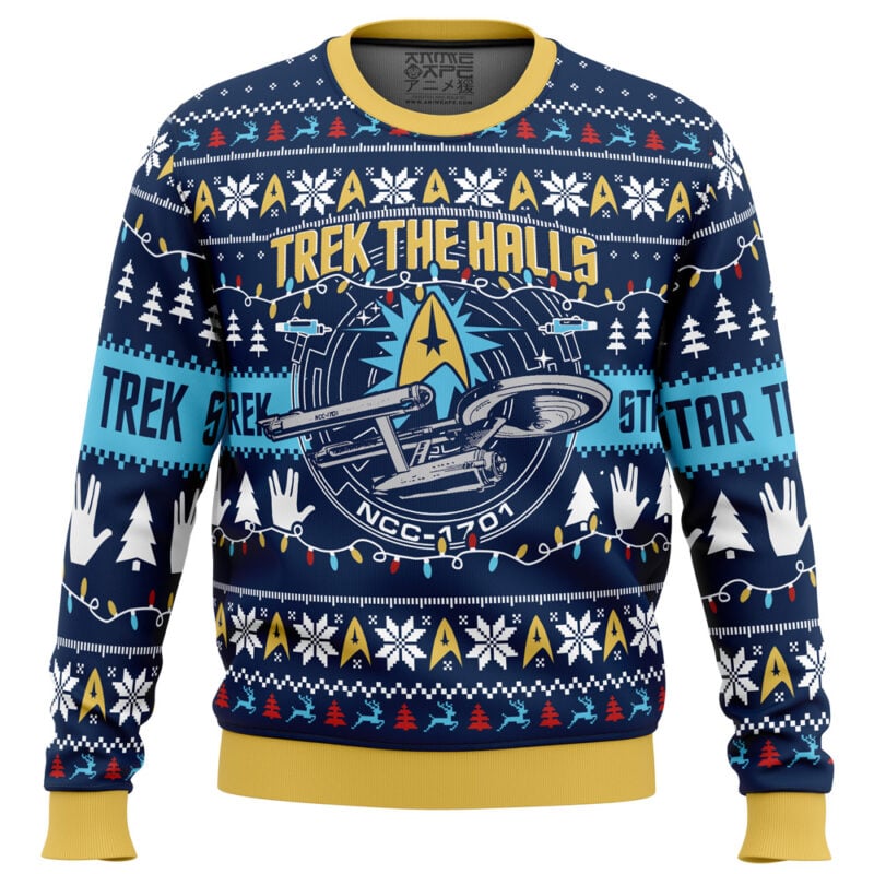The Trek The Halls Star Trek Ugly Christmas Sweater is a festive navy-blue sweater with the USS Enterprise, holiday lights, snowflakes, trees, and “Trek the Halls” plus “NCC-1701” in a holiday-themed design.