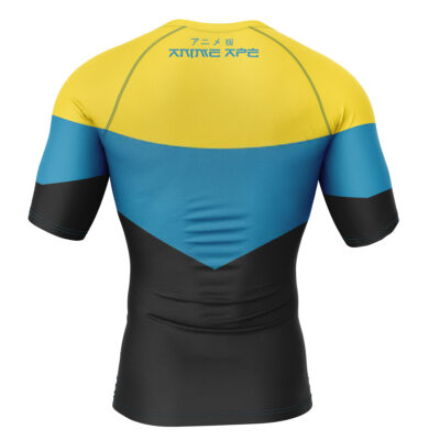 The Invincible Short Sleeve Rash Guard Compression Shirt features yellow shoulders, a blue stripe, black lower sections, and stylized blue-and-yellow text with Japanese characters on the back.