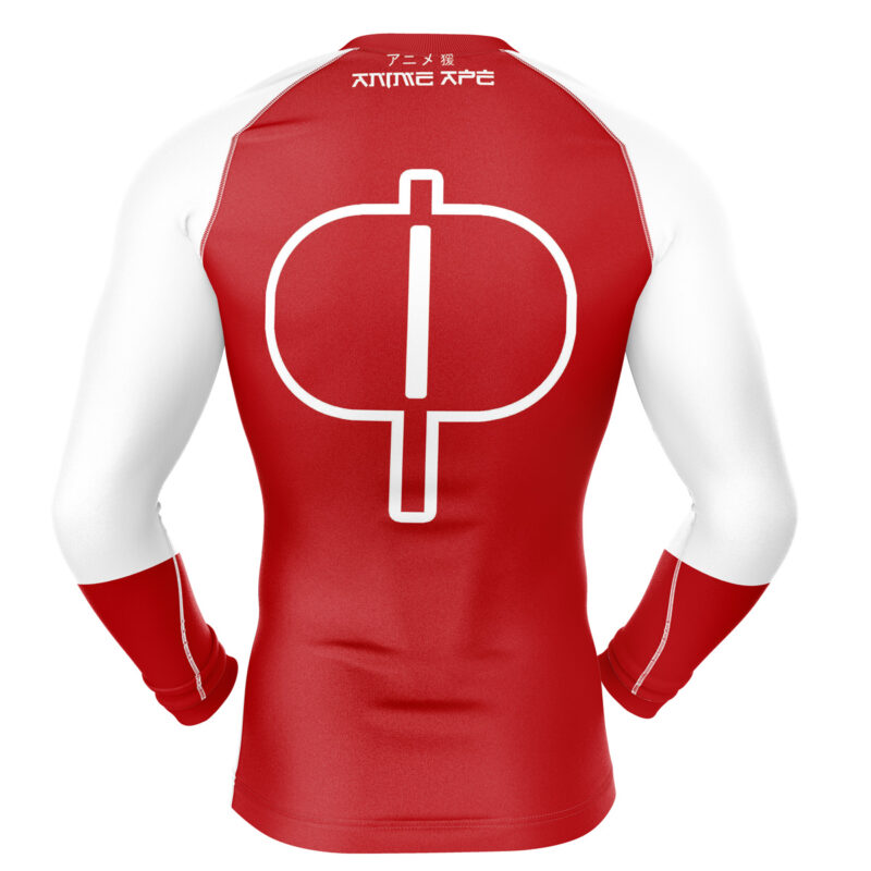 The Omni Man Invincible Long Sleeve Rash Guard Compression Shirt in red and white is shown from the back, featuring a large white stylized symbol at the center and Japanese text near the collar.