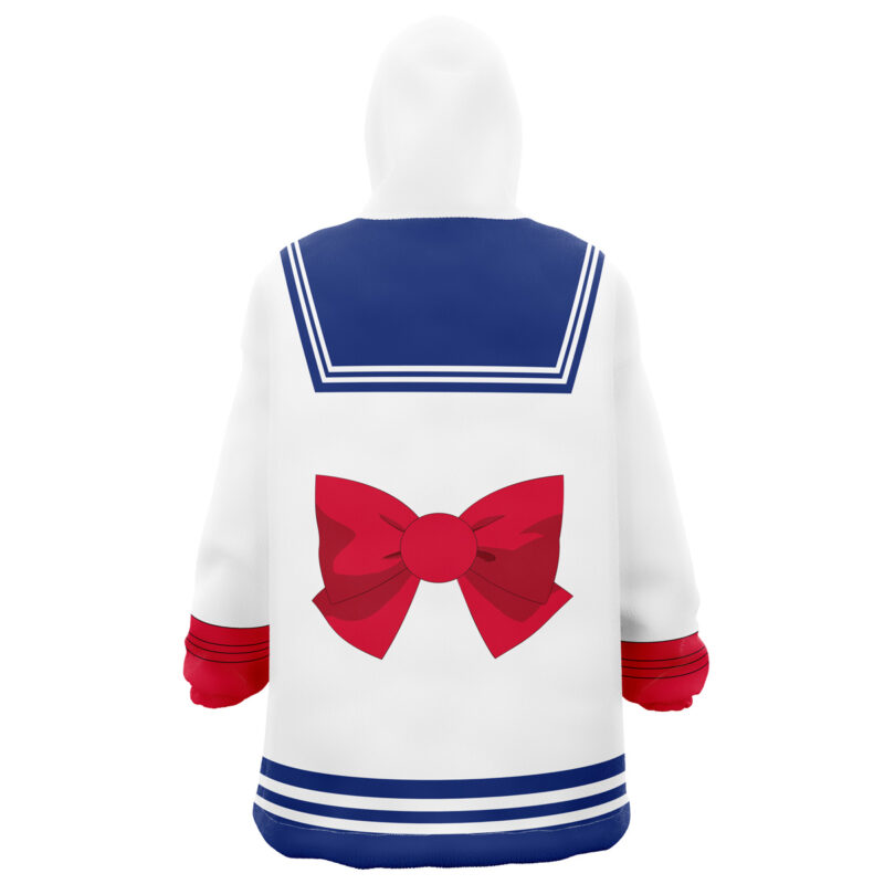 The Usagi Tsukino Sailor Moon Snug Oversized Blanket Hoodie resembles a sailor-style school uniform with a blue collar, white base, red bow, blue stripes, and red cuffs, as seen from the back.