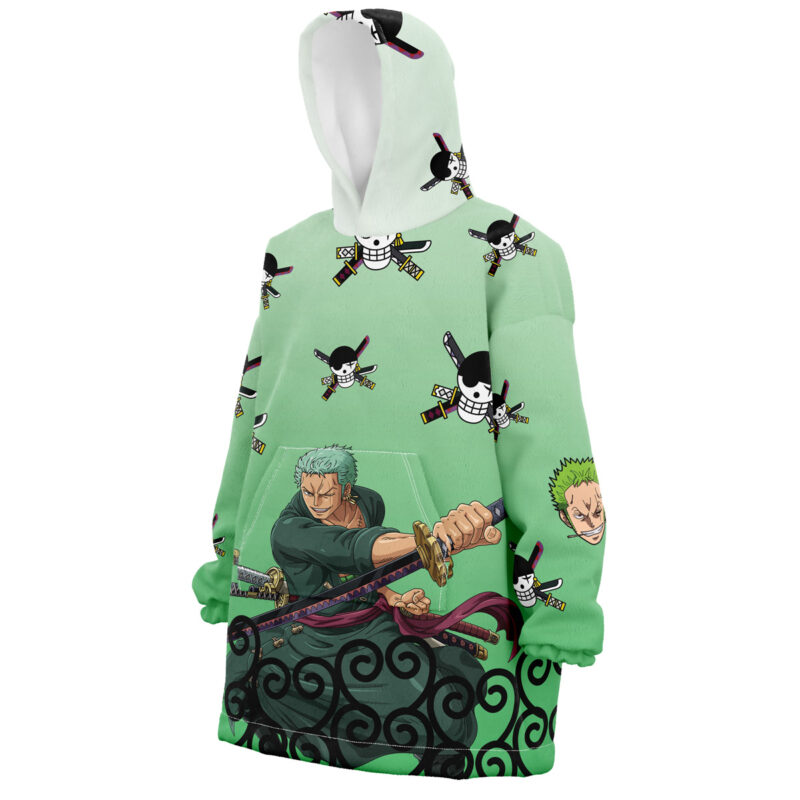 The Zoro Pattern One Piece Snug Oversized Blanket Hoodie is green and features a muscular swordsman in a fighting pose, smaller repeating skull and crossbones with swords, and an animated head with green hair.