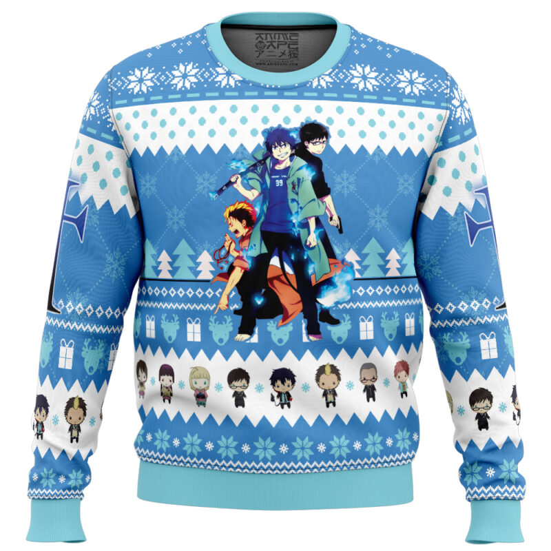 The Trio Blue Exorcist_Ugly Christmas Sweater FRONT mockup--