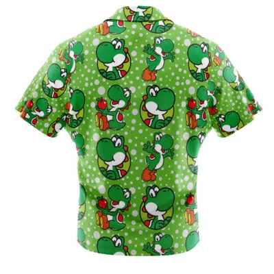 The Yoshi Super Mario Bros Button Up Hawaiian Shirt is a short-sleeved button-up featuring Yoshi, apples, and white polka dots on a bright green background.