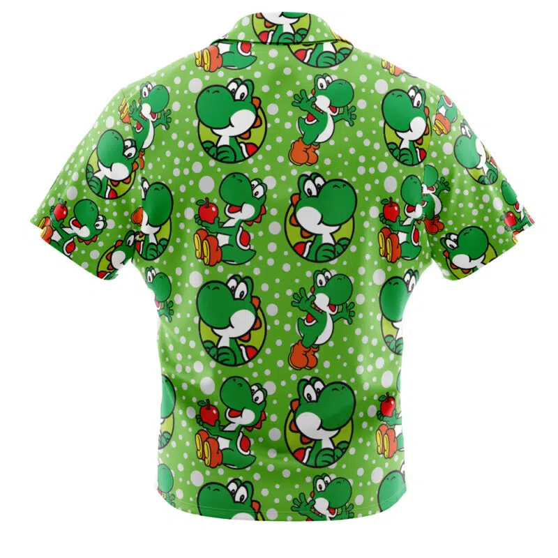The Yoshi Super Mario Bros Button Up Hawaiian Shirt is a short-sleeved button-up featuring Yoshi, apples, and white polka dots on a bright green background.
